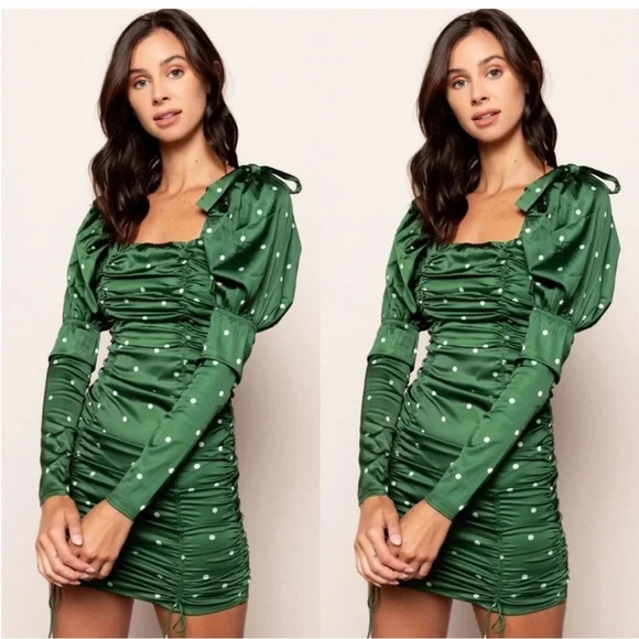 For love & Lemons green Davies polka dot ruched mini dress - Picture 4 of 15